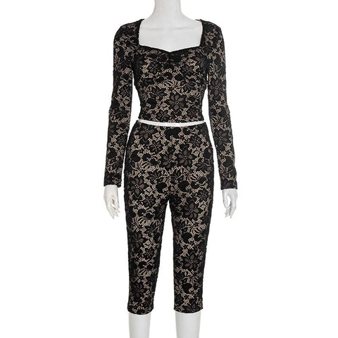 Lace See-Through Long-Sleeved Top + Hip-Lifting Leggings